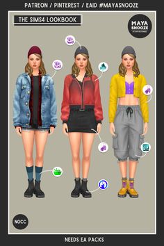 three different types of clothes for the simsa lookbook, including shorts and jackets