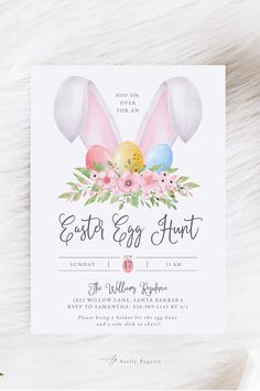 an easter egg hunt flyer with bunny ears and flowers