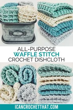 the all purpose waffle stitch crochet dishcloth is shown in three different colors