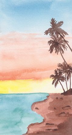 a watercolor painting of palm trees on the beach at sunset, with an orange and blue sky in the background