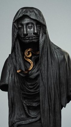 a statue with a snake wrapped around it's neck in front of a gray background