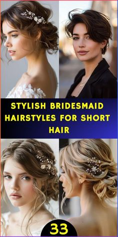 Unleash your inner beauty with 33 fabulous bridesmaid hairstyles for short hair! Whether you're rocking a bob, pixie, or lob, these versatile styles will make you feel confident and radiant. From vintage-inspired waves to modern updos, find the perfect look to complement the bride and showcase your unique style. Short hair is no limit for bridal party glamour! Hair Ideas For Bridesmaids, Bridesmaid Short Hairstyles, Diy Bridesmaid Hairstyles, Elegant Updos For Short Hair, Modern Updos, Short Bridesmaid Hair, Short Hair Bridesmaid Hairstyles, Bridesmaid Hairstyles Short Hair, Bridesmaid Hairstyles For Short Hair