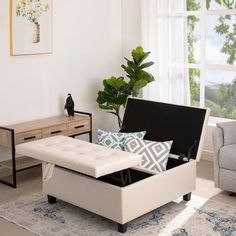 a living room scene with focus on the footstool and storage bench in the middle