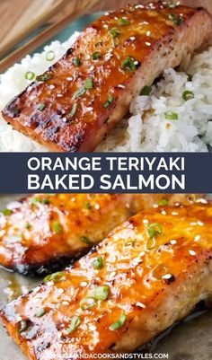 orange teriyaki baked salmon with rice and green onions