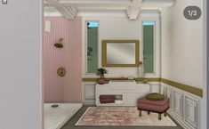 the bathroom is decorated in pastel colors and has a pink rug on the floor