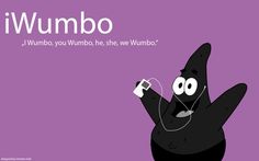 a cartoon character holding a wii remote in front of a purple background with the words i wumbo on it