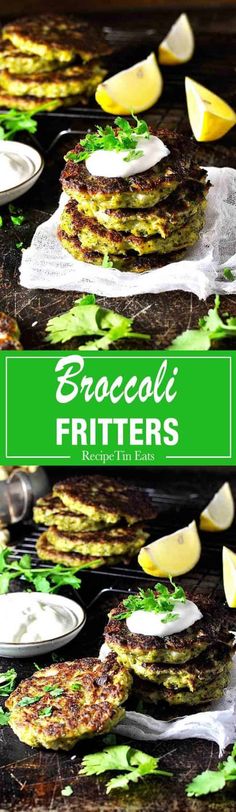 broccoli fritters on a grill with lemon wedges and parsley