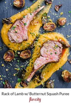 rack of lamb with butternut squash puree and roasted brussel sprouts