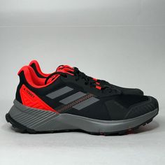 Adidas Terrex Soulstride Trail Running Shoes Condition: New With Box Color: Core Black / Grey Four / Solar Red / Grey Item: Fy9213 Regular Fit Lace Closure Engineered Mesh Upper Lightweight Eva Midsole Raised Sidewalls For Stability Traxion Outsole Red Trail Running Shoes With Round Toe For Hiking, Sporty Red Sneakers For Outdoor Activities, Adidas Trail Running Shoes For Sports With Round Toe, Functional Red Trail Running Shoes With Round Toe, Synthetic Round Toe Running Shoes For Trail, Red Sneakers With Cushioned Footbed For Outdoor Activities, Red Cushioned Sneakers For Outdoor Activities, Casual Red Running Shoes For Outdoor Activities, Red Boost Sneakers For Outdoor Activities