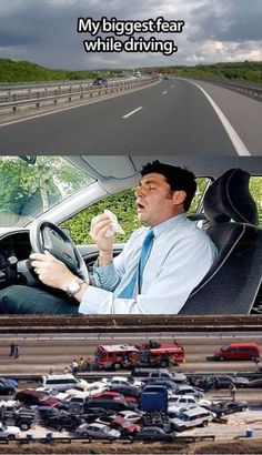 a man sitting in the driver's seat of a car with his mouth open