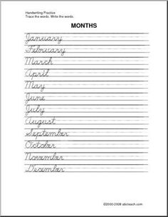 handwriting worksheet with the words months