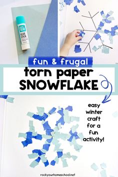 Construction paper in blues and glue stick with child making torn paper snowflake craft and example. Snowflake Activities For Kids, Winter Art Activities For Kids, Paper Snowflake Craft, Snowflake Activity, Paper Snowflakes Easy, Easy Winter Crafts, Snow Theme, Snowflake Craft, Paper Snowflake