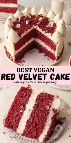 the best vegan red velvet cake with cream cheese frosting is cut in half