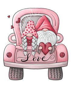 a pink car with two gnomes in it and the word love written on the side