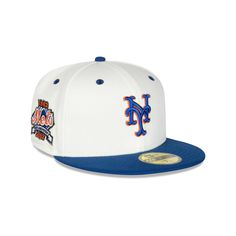 The New York Mets Mascot Pin 59FIFTY Fitted Cap features an embroidered Mets logo at the front panels with a matching MLB Batterman logo at the rear. Additional details include a team mascot pin at the left-wear side, a 40th Anniversary patch at the right-wear side, and a gray undervisor. Fitted Hat With Team Logo For Sports Events, Throwback Baseball Cap With Embroidered Logo For Game Day, Baseball Season Team Logo Cap For Fans, Baseball Season Fan Merchandise Fitted Hat, Game Day Fitted Hat With Embroidered Logo, White Baseball Cap For Fan Merchandise, Collegiate Fitted Baseball Cap With Logo Patch, Throwback Baseball Cap For Sports Events, White Throwback Baseball Cap For Sports Events