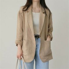 Product Description * Item:Fashion Womens Blazer Loose Tops Ladies Casual Cotton Linen Suit Cardigan Jacket * Condition: 100% Brand New * Color:Khaki 、  Beige  * Size:Asian s-xl * Package:1pc coat (without any accessories ）    Please note: 1.Please allow a little error due to manual measurement. 2.The color maybe a little difference because of the light,screen reflection etc. 3.If you are not sure what size to choose, you can tell us your height and weight, we will recommend the right size for y Linen Blazers Women, Mode Mantel, Suit Jackets For Women, Single Button Blazer, Linen Suit, Linen Jacket, Casual Blazer, Solid Clothes, Linen Blazer