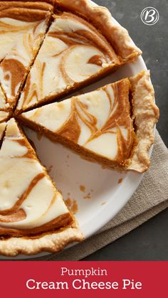 a pumpkin cream cheese pie on a white plate with a red border around the edges