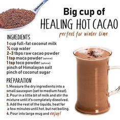 a cup of hot cocoa next to a measuring spoon with information about the ingredients in it