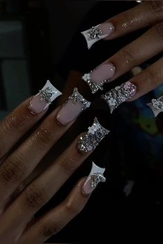 #ducknails #shortnails #frenchtipnails Coffin Medium Nails Designs, Cute Short Acrylic Nails Baddie, Duck Bling Nails, Full Nail Set Ideas, C Shaped Nails, Charms Nails Acrylic, French Tip Duck Nails With Charms, Nail Sets Black Women, Cute Nails Acrylic Black Women