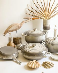 various pots and pans are arranged on a table with shells, seashells and palm leaves