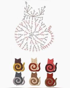 three cats are sitting next to each other in front of a knitted wall hanging