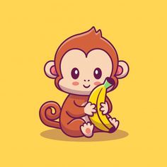 a cartoon monkey holding a banana on a yellow background