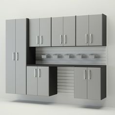 the cabinets are all grey and have no doors or drawers on them, so they can be used for storage