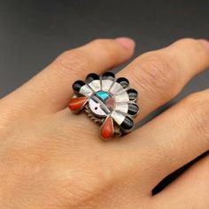 Vintage Zuni Sun Face Kachina Turquoise Coral MOP Sterling Silver Ring Size 5.5 | eBay Zuni Jewelry Yourgreatfinds ♥ Vintage Jewelry, Adjustable Multicolor Turquoise Ring, Southwestern Multicolor Turquoise Ring, Multicolor Southwestern Style Turquoise Ring In Sterling Silver, Unique Multi-stone Turquoise Ring, Multicolor Southwestern Sterling Silver Turquoise Ring, Multicolor Multi-stone Turquoise Ring, Southwestern Multi-stone Turquoise Ring, Southwestern Style Turquoise Hand-strung Jewelry