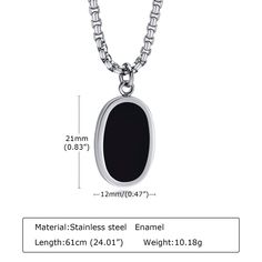 SPECIFICATIONS Style: TRENDY Shape\pattern: Round Pendant Size: 12mm*21mm Origin: Mainland China Occasion: Party Occasion: Daily Necklace Type: Pendant Necklaces Model Number: NC-1062S Metals Type: Stainless Steel Material: Metal Material: High quality stainless steel Item Type: Necklaces Gender: Men Function: Trendy Fine or Fashion: Fashion Feature: Round/ Oval Pendant Environmental Standard: Lead, Nickel, Cadmium free Compatibility: All Compatible Color: Black+Silver Chain Type: Box Chain Chai Formal Black Stainless Steel Necklace, Classic Stainless Steel Business Jewelry, Rectangular Stainless Steel Necklace With Polished Finish, Silver Stainless Steel Jewelry For Business, Silver Stainless Steel Business Jewelry, Minimalist White Gold Jewelry For Business, Formal Engraved Stainless Steel Necklace, Minimalist White Gold Jewelry, Formal Stainless Steel Engraved Necklace