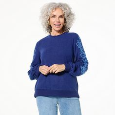 DG2 by Diane Gilman Brushed Sweater Knit Embroidered Crew-Neck Top  Cold days never felt so good. This eye-catching brushed sweater knit top delivers luxuriously-soft warmth and fabulously feminine fashion. Embroidered Knit Crew Neck Top, Blue Embroidered Long Sleeve Sweater, Casual Crew Neck Top With Embroidered Sleeves, Blue Embroidered Sweater For Fall, Embroidered Blue Sweater For Fall, Embroidered Knit Tops For Fall, Embroidered Blue Sweatshirt For Fall, Embroidered Blue Winter Tops, Feminine Fashion