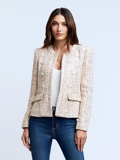 A poised jacket in a neutral-tan tweed detailed with shimmering sequins. Structured-shoulder style tapers to waist, then falls to mid-hip for a polished hourglass silhouette. Includes clean banded neck and front plackets, flapped pockets and six white embossed-dome button accents. Fully lined. Dark Blue Blazer, Fitted Blazer Jacket, Hourglass Silhouette, Collarless Jacket, Tan Blazer, Wardrobe Planning, Open Front Blazer, Brown Suede Jacket, Tweed Blazer