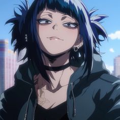 an anime character with blue hair and piercings