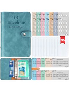 a notebook with the words 100 envelope on it and several different types of bills in front