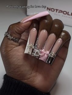 Pearl Hello Kitty Nails, Long Nail Ideas With Initial, Long Pink Nail Ideas, Junk Nail Set, Grey Birthday Nails, Sagittarius Nails Acrylic, Extra Acrylic Nails, Extra Nail Ideas, Dramatic Nails Designs