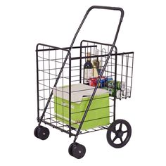 a small shopping cart with two wheels and a green box in the front, on a white background