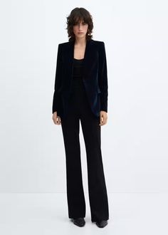 Velvet blazer - Women | Mango USA V-neck Single Breasted Blazer For Business Casual, Tailored V-neck Formal Outerwear, Tailored V-neck Blazer For Business, Tailored V-neck Elegant Blazer, Elegant Tailored V-neck Blazer, Elegant Evening Blazer With Pockets, Tailored V-neck Outerwear With Pockets, Semi-formal V-neck Winter Outerwear, Semi-formal V-neck Outerwear For Winter