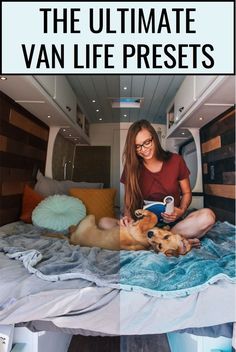 a woman sitting on top of a bed next to a dog