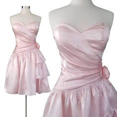 #pink #cute #aesthetic #dress #pretty #fashion #clothes #outfit Vintage Hoco Dress, Sweet 16 Dresses Short, Pastel Pink Prom Dress, Pink Ruffled Dress, Vintage Satin Dress, 80’s Dresses, Satin Party Dress, 80s Prom Dress, Tiered Dresses