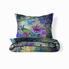 a pillow with a peacock on it