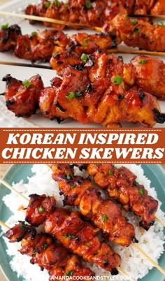 korean inspired chicken skewers with rice and garnishes