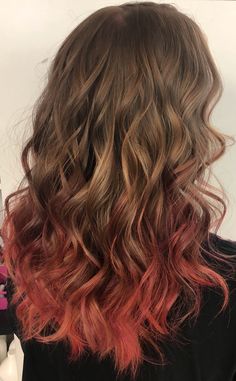 Brown Hair Red Tips, Blonde Hair Fade, Blonde Hair With Red Tips, Pink And Orange Ombre, Orange Ombre Hair, Red Hair Tips, Brown And Pink Hair, Ombre Wavy Hair, Red Purple Hair