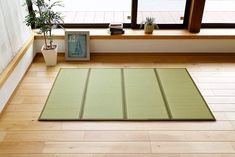 a green mat sitting on top of a hard wood floor next to a potted plant