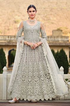 Taupe Designer Heavy Embroidered Wedding Anarkali Suit-Saira's Boutique Reception Anarkali, Wedding Anarkali, Bridesmaid Suits, Net Anarkali, Green Anarkali, Butterfly Net, Designer Anarkali Suits, Anarkali Salwar, Designer Anarkali