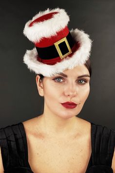 Christmas Party Top Hat Novelty Costume Hat With Short Brim For Parties, Themed Party Headband Costume Hats, Novelty Party Hats With Short Brim, Themed Party Costume Headband, Novelty High Crown Costume Hats For Parties, Whimsical Adjustable Costume Hats And Headpieces For Party, Adjustable Novelty Costume Hats And Headpieces For Party, Adjustable Novelty Costume Hats For Parties, Red Christmas Costume Hat