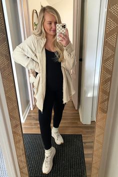 These lightweight button down tops were how I dressed up my comfy pregnancy outfits but they make flattering postpartum outfits as well! Another way to elevate postpartum outfits is to wear cute cozy socks that peek out of your shoes and over your leggings. I grabbed this 3 pack of knit socks for my fall and winter postpartum outfits!