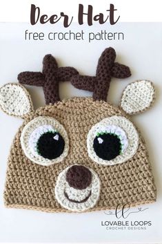 a crocheted deer hat is shown with the words, free crochet pattern