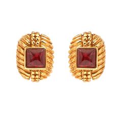 ben amun gold plated clip on earrings featuring red czech glass stone Modern Muse, Color Crush, Fiery Red, 24kt Gold, Futuristic Design, City Design, Deep Green, Statement Jewelry, Czech Glass