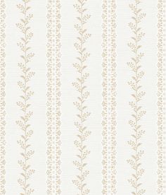 a white and beige striped wallpaper with small leaves on the side, in an ornate pattern