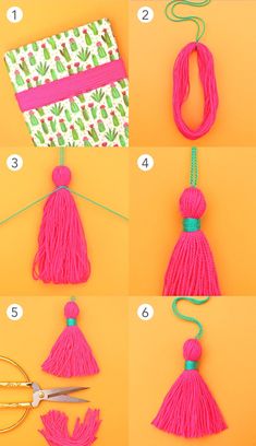 instructions to make a tasselled bag with yarn and pom - poms