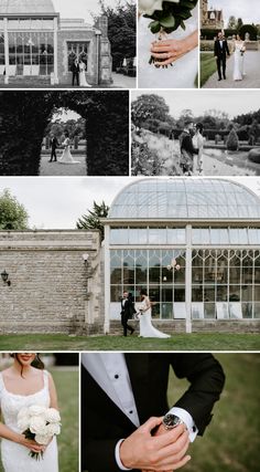 a collage of black and white photos shows the bride and groom